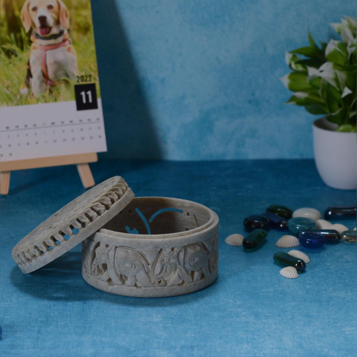 Agra Marble Carved Circular Jewellery Box