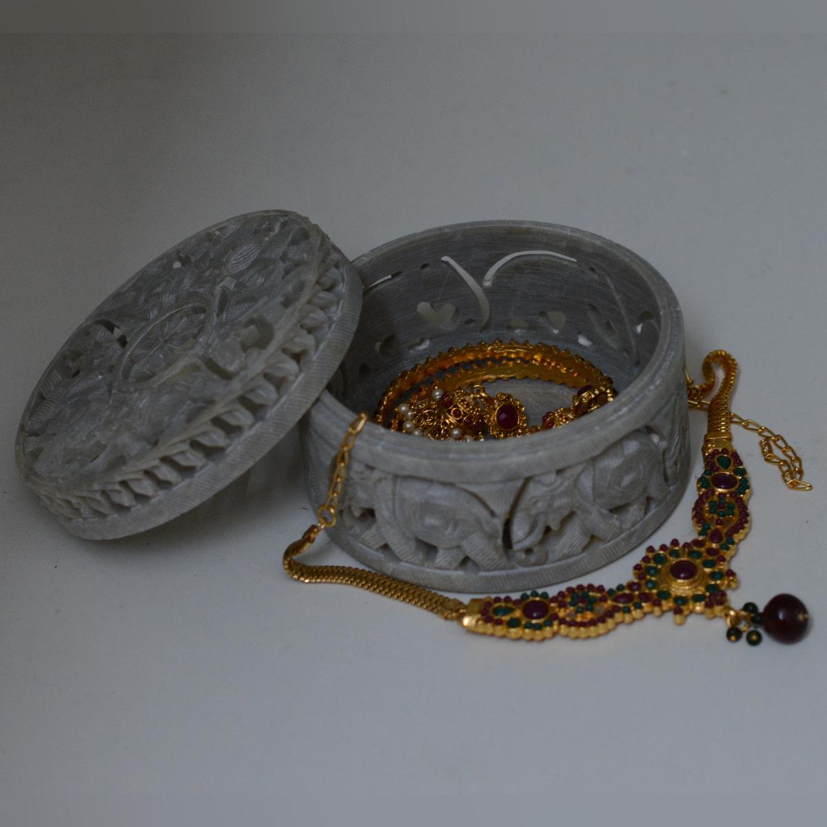 Agra Marble Carved Circular Jewellery Box