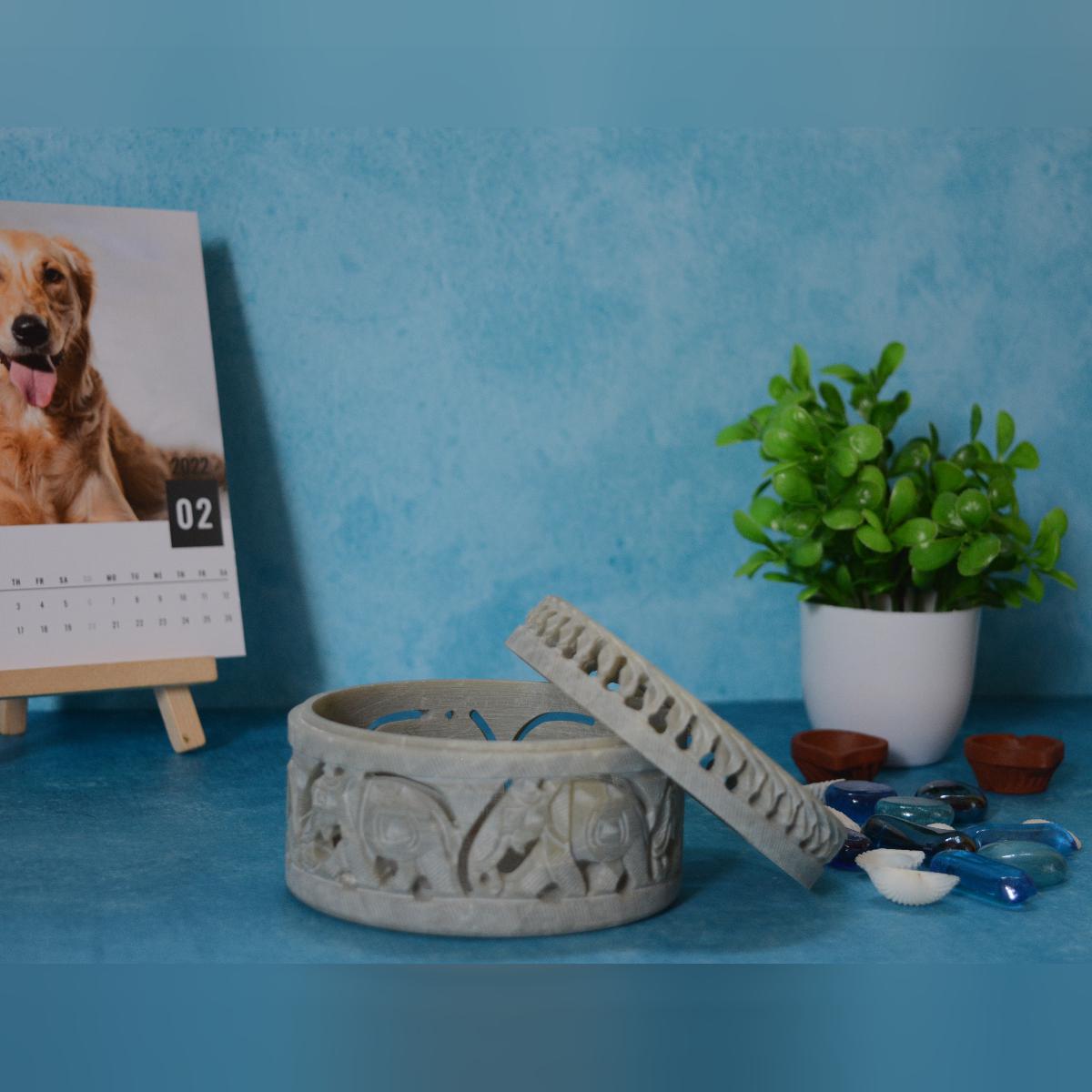 Agra Marble Carved Circular Jewellery Box