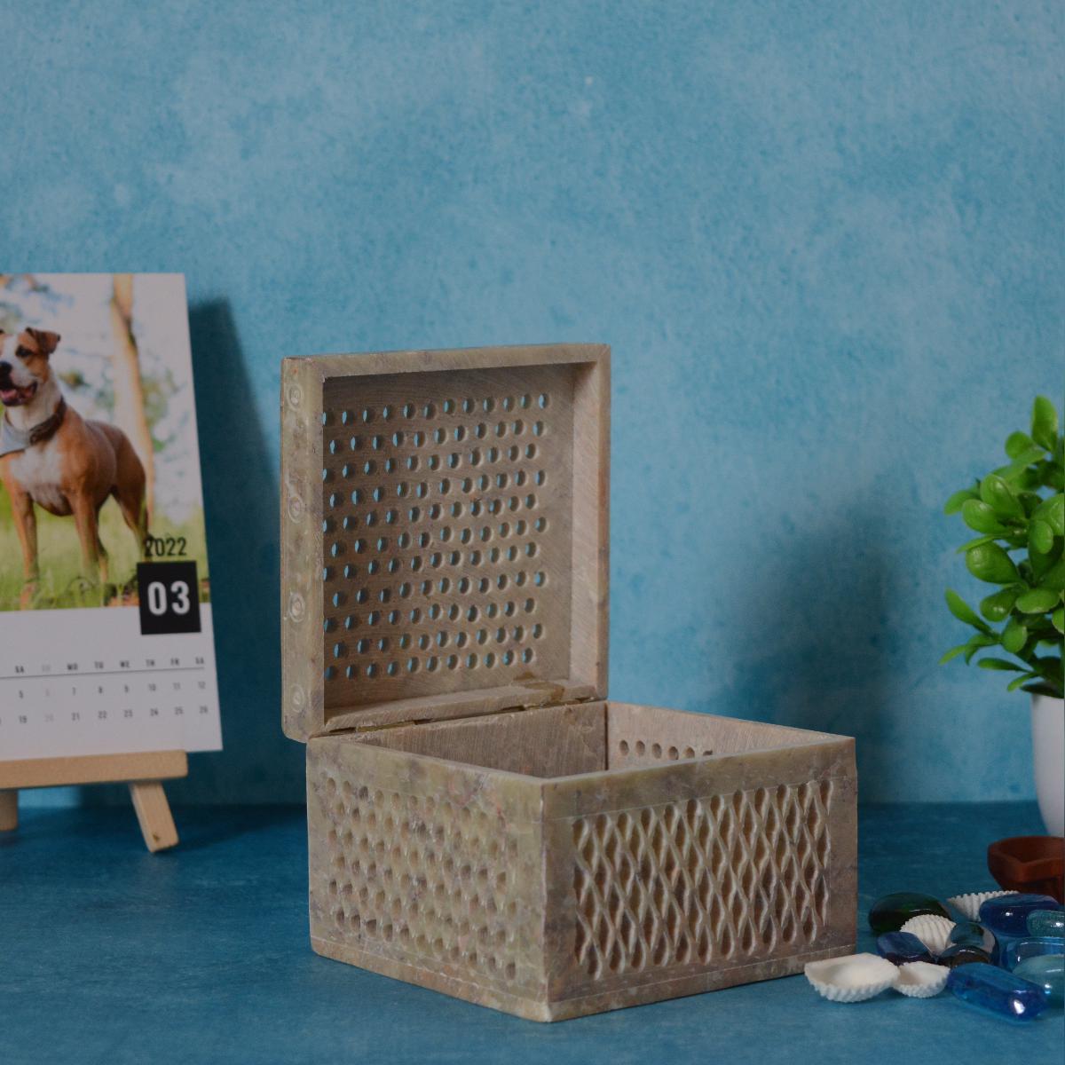 Agra Marble Carved Square Jewellery Box