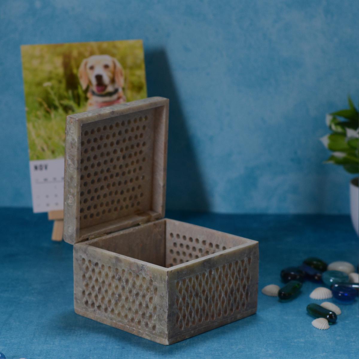 Agra Marble Carved Square Jewellery Box